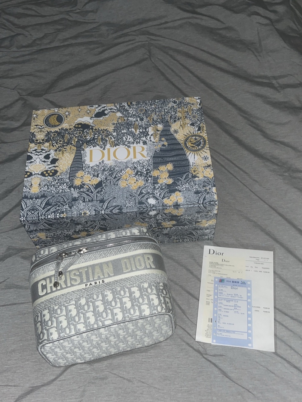 Dior Gray and Gold Toile Cosmetic Case with Branded Box